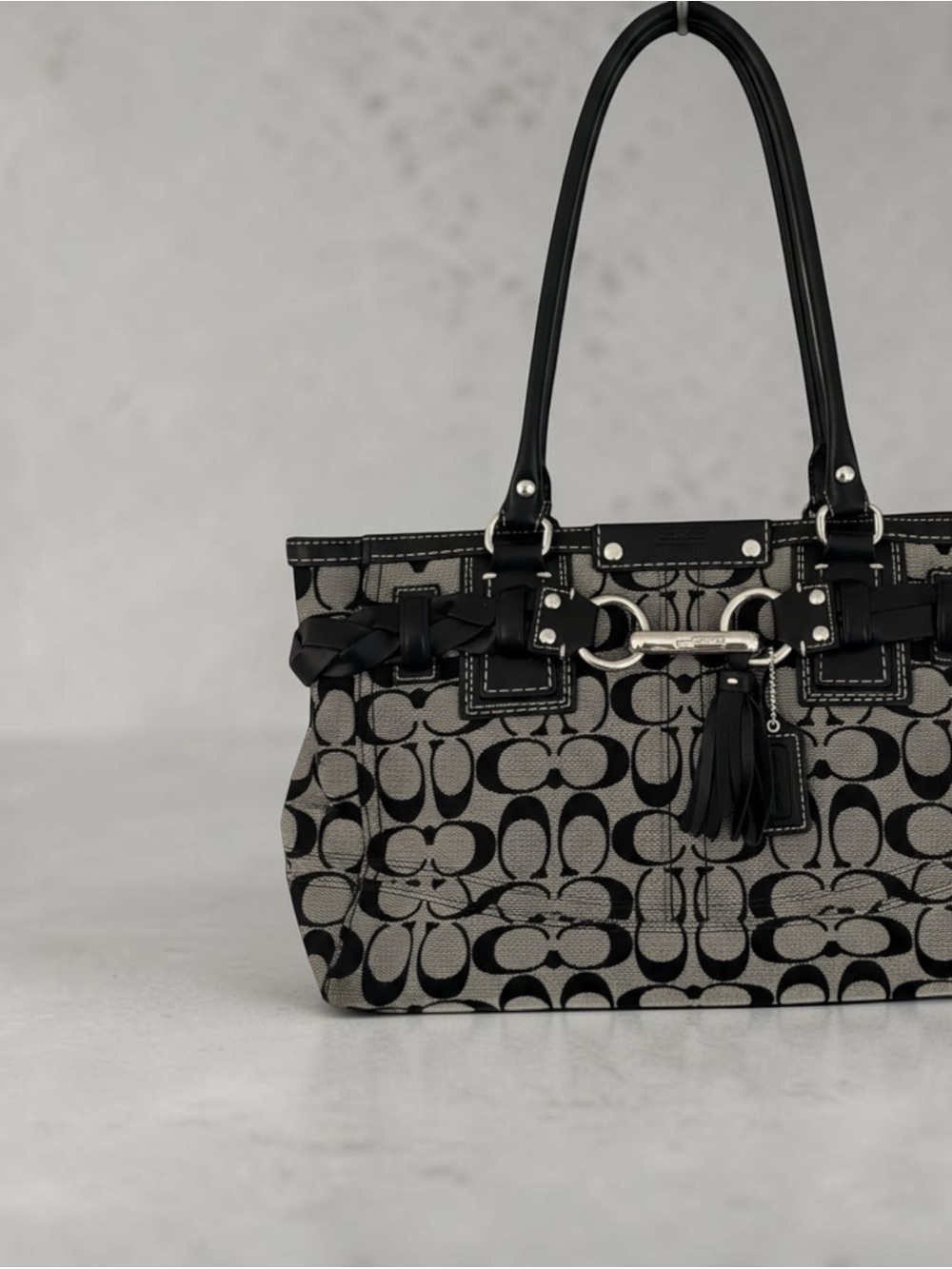 Coach Black Signature Jacquard Tote with Leather Trim with matching wristlet - Picture 2 of 8